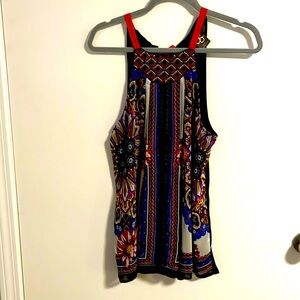 Halter multi color top. Lots of detail. 100% poly. Sheer overlay. Size M